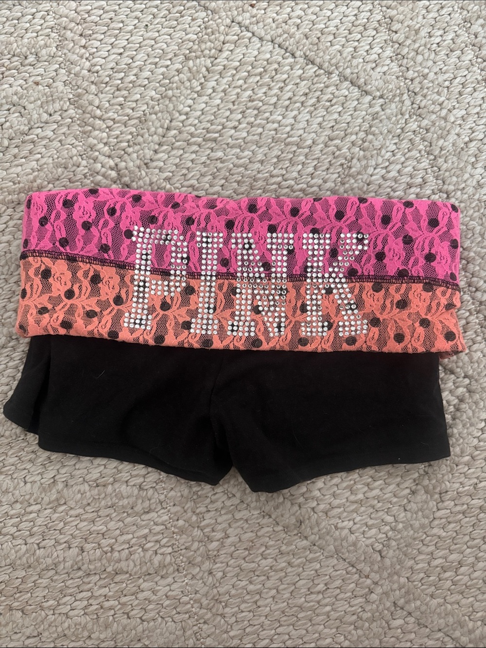 Vintage Victoria’s Secret PINK Jeweled Black Fold-Over Pink Coral Lace Waistband